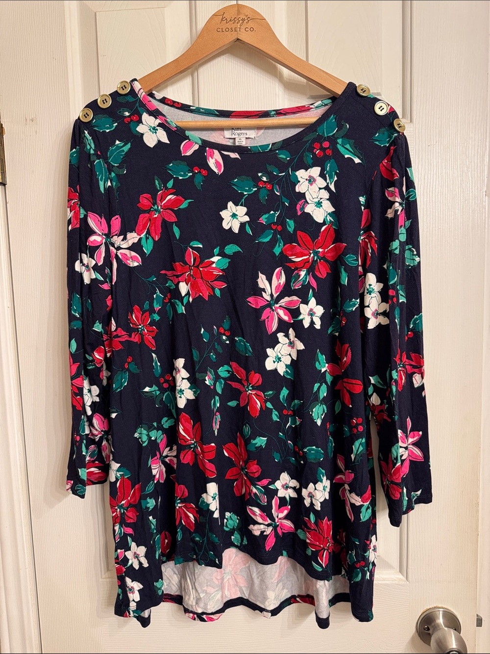 Kim Rogers Navy Floral Long Sleeve Top with Red, Pink & White Blooms